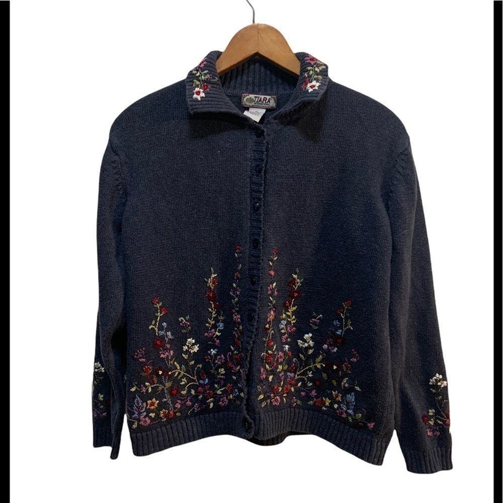 Vintage Tiara International Button Up Floral Cardigan Navy Blue Women's Medium